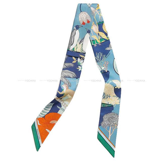 HERMES scarf Twilly Precious Paradise Bleu Jean/Orange Silk100%[BRAND NEW][Authentic]