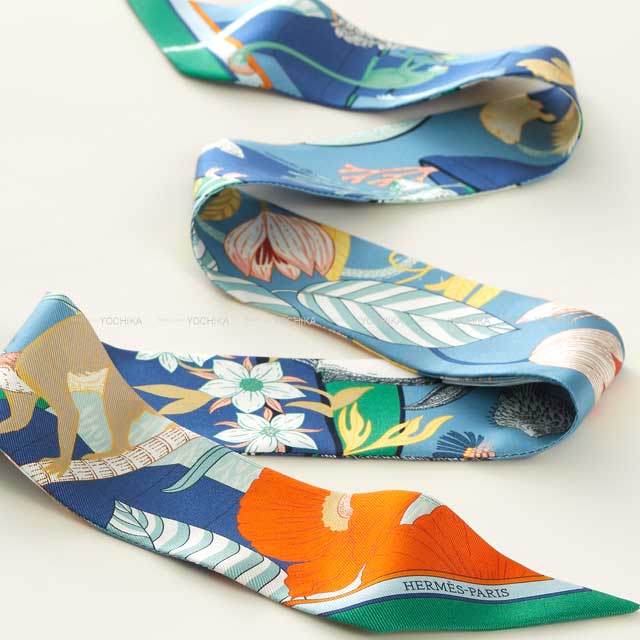 HERMES scarf Twilly Precious Paradise Bleu Jean/Orange Silk100%[BRAND NEW][Authentic]