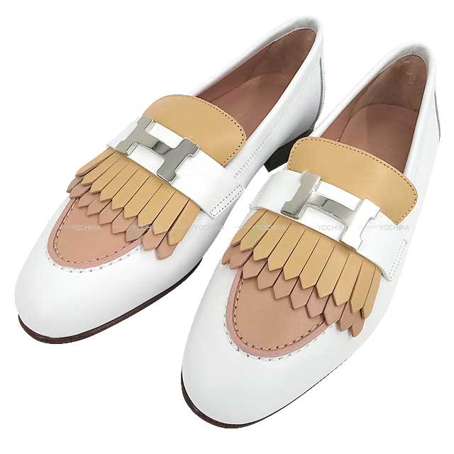 HERMES Moccasins Royal Blanc (White)/Multicolor Calfskin #38.5 Silver HW[EXCELLENT][Authentic]