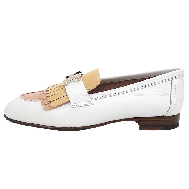 HERMES Moccasins Royal Blanc (White)/Multicolor Calfskin #38.5 Silver HW[EXCELLENT][Authentic]