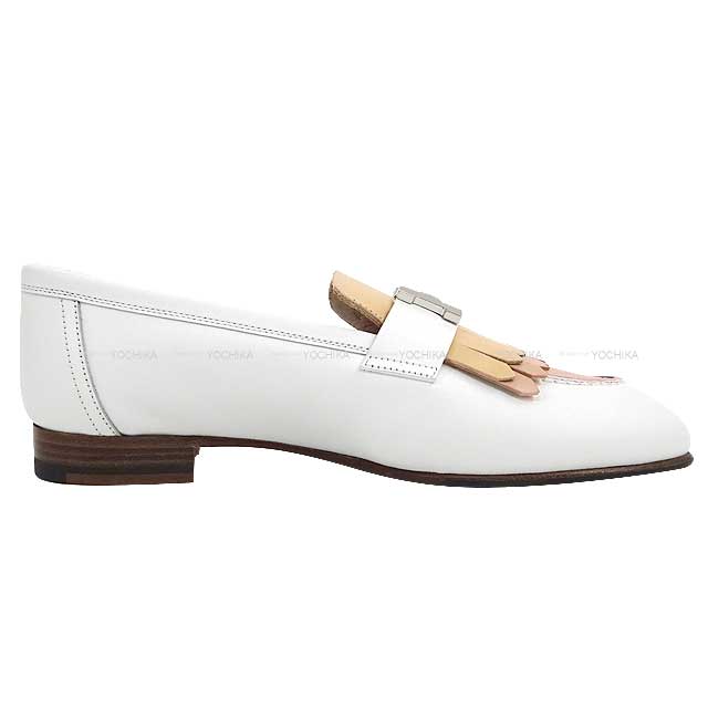 HERMES Moccasins Royal Blanc (White)/Multicolor Calfskin #38.5 Silver HW[EXCELLENT][Authentic]