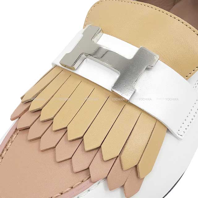 HERMES Moccasins Royal Blanc (White)/Multicolor Calfskin #38.5 Silver HW[EXCELLENT][Authentic]