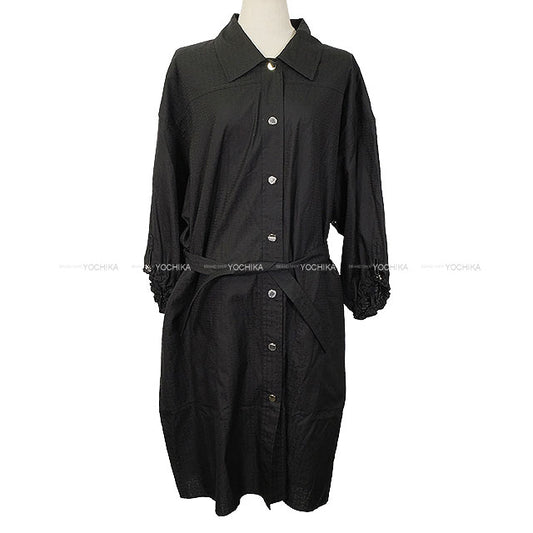 HERMES dress Shirt Dress Mosaic Motif Sellier Button With Belt Noir (Black) Cotton100% #40 Silver HW 5H0586DB[EXCELLENT][Authentic]