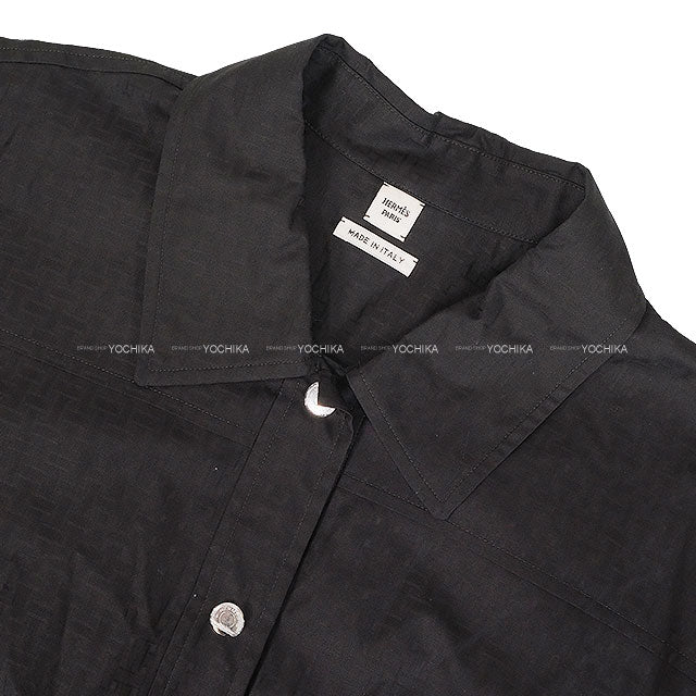 HERMES dress Shirt Dress Mosaic Motif Sellier Button With Belt Noir (Black) Cotton100% #40 Silver HW 5H0586DB[EXCELLENT][Authentic]