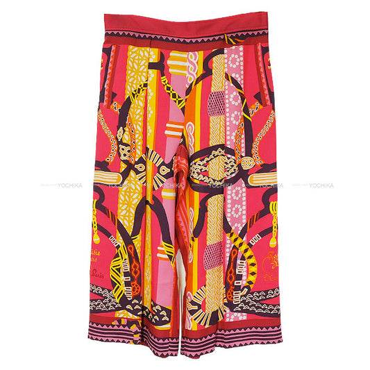 HERMES Pants Pajamas Twillaine Fantaisie d'Etriers All-over pattern Rouge/Multicolor Silk100% #42 3E0440DQ[EXCELLENT][Authentic]