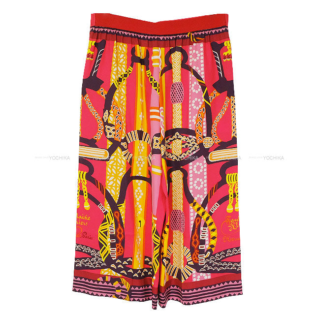 HERMES Pants Pajamas Twillaine Fantaisie d'Etriers All-over pattern Rouge/Multicolor Silk100% #42 3E0440DQ[EXCELLENT][Authentic]