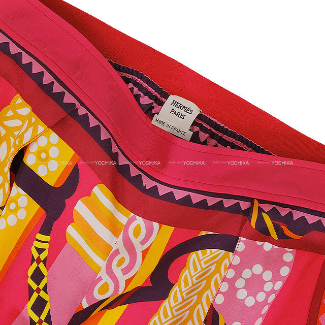 HERMES Pants Pajamas Twillaine Fantaisie d'Etriers All-over pattern Rouge/Multicolor Silk100% #42 3E0440DQ[EXCELLENT][Authentic]