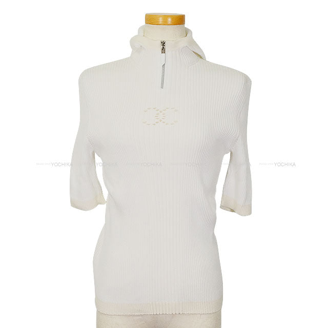 2024 Cruise CHANEL Knit Front Zip Rib Coco mark Hood 3/4 sleeve Blanc (White) Cotton /Viscose/Polyester #46 P78649[BRAND NEW][Authentic]