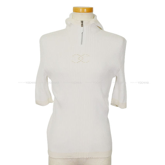 2024 Cruise CHANEL Knit Front Zip Rib Coco mark Hood 3/4 sleeve Blanc (White) Cotton /Viscose/Polyester #46 P78649[BRAND NEW][Authentic]