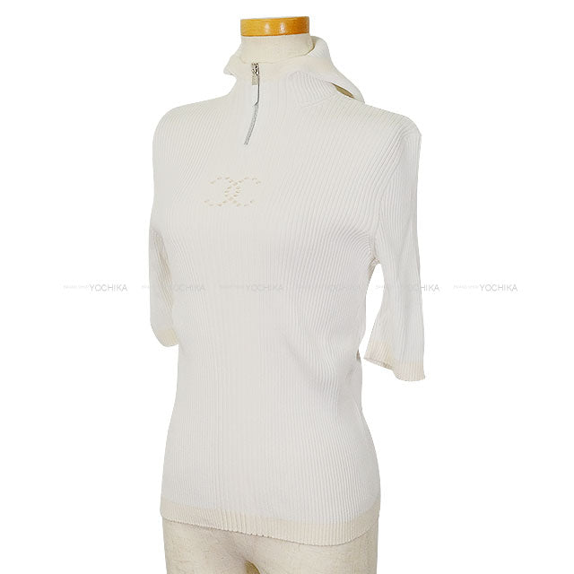 2024 Cruise CHANEL Knit Front Zip Rib Coco mark Hood 3/4 sleeve Blanc (White) Cotton /Viscose/Polyester #46 P78649[BRAND NEW][Authentic]