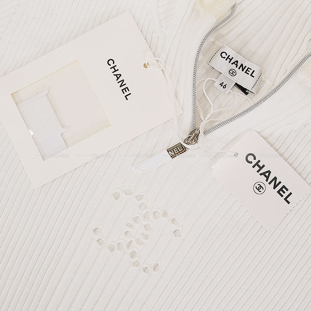 2024 Cruise CHANEL Knit Front Zip Rib Coco mark Hood 3/4 sleeve Blanc (White) Cotton /Viscose/Polyester #46 P78649[BRAND NEW][Authentic]