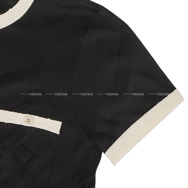 2025 AW New CHANEL Tops Sweater Short sleeve Bicolor Pockets COCO Button Noir (Black)/Blanc (White) Viscose #44 P80092[BRAND NEW][Authentic]