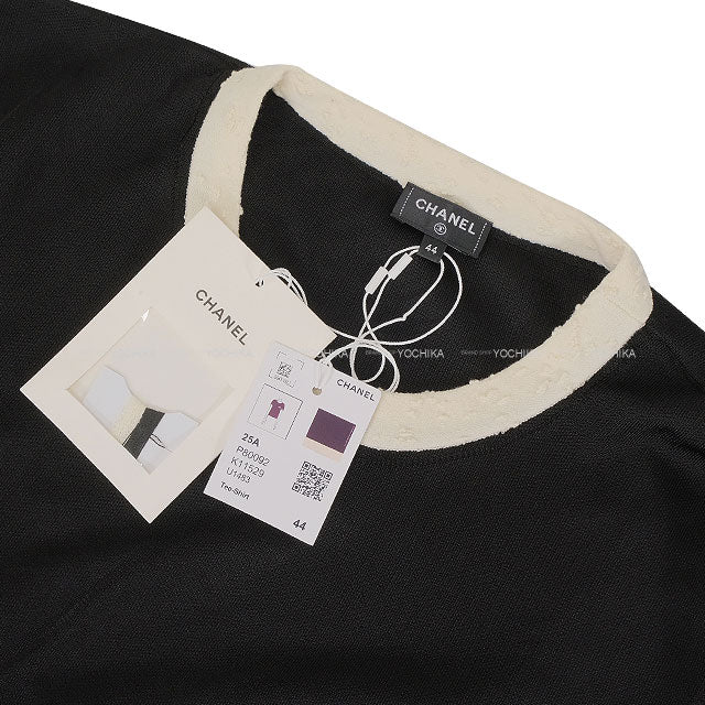 2025 AW New CHANEL Tops Sweater Short sleeve Bicolor Pockets COCO Button Noir (Black)/Blanc (White) Viscose #44 P80092[BRAND NEW][Authentic]