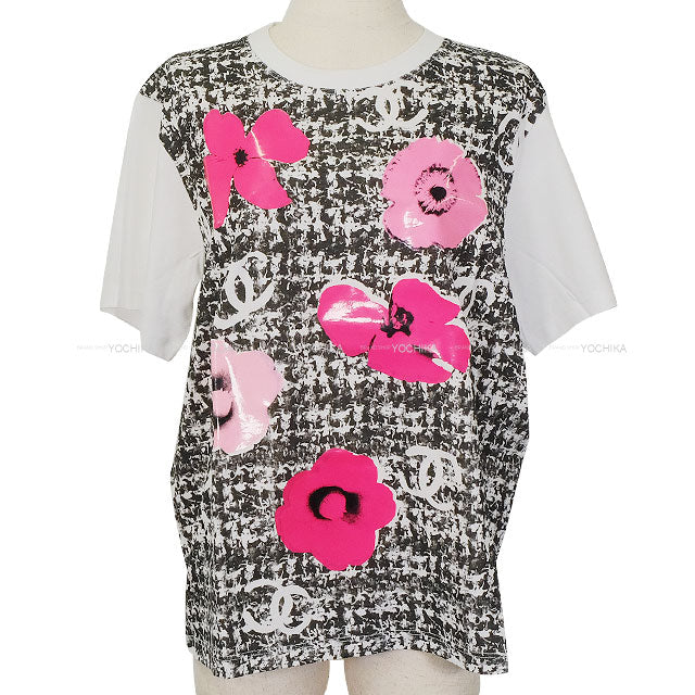 2024 SS CHANEL Short sleeve t shirt Coco mark Camelia Tweed Print Blanc (White)/Noir (Black)//Pink Cotton ♯L P77172[EXCELLENT][Authentic]