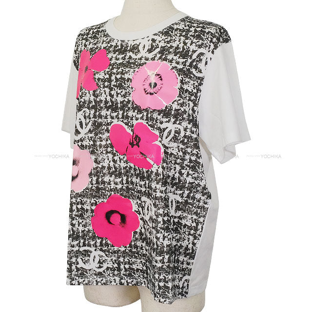 2024 SS CHANEL Short sleeve t shirt Coco mark Camelia Tweed Print Blanc (White)/Noir (Black)//Pink Cotton ♯L P77172[EXCELLENT][Authentic]