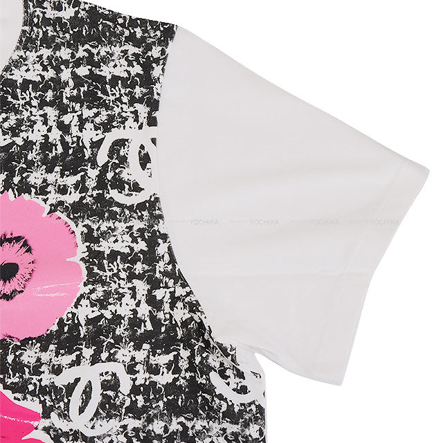 2024 SS CHANEL Short sleeve t shirt Coco mark Camelia Tweed Print Blanc (White)/Noir (Black)//Pink Cotton ♯L P77172[EXCELLENT][Authentic]