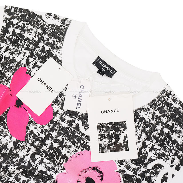 2024 SS CHANEL Short sleeve t shirt Coco mark Camelia Tweed Print Blanc (White)/Noir (Black)//Pink Cotton ♯L P77172[EXCELLENT][Authentic]