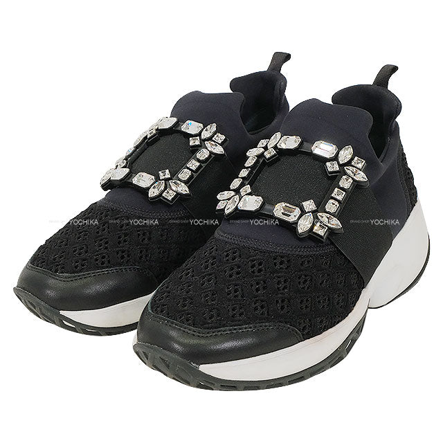 ROGER VIVIER sneakers Viv' Run Strass Buckle Noir (Black)/Blanc (White) Fabric ♯36.5[ALMOST NEW][Authentic]