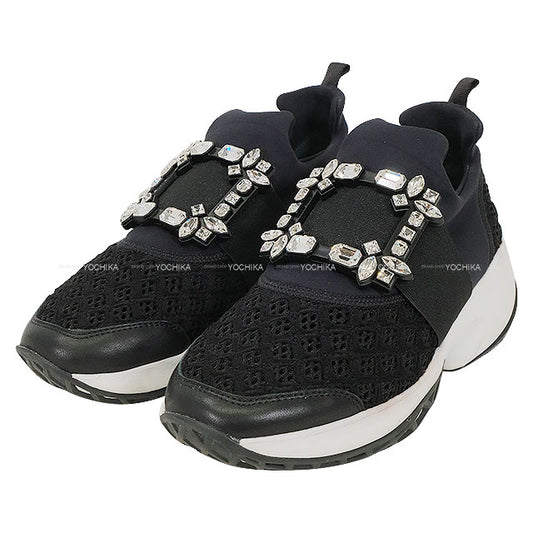 ROGER VIVIER sneakers Viv' Run Strass Buckle Noir (Black)/Blanc (White) Fabric ♯36.5[ALMOST NEW][Authentic]