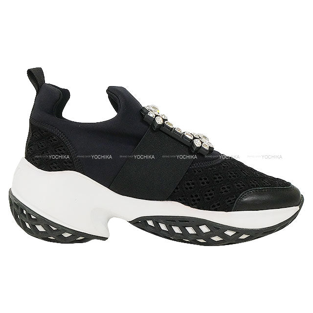 ROGER VIVIER sneakers Viv' Run Strass Buckle Noir (Black)/Blanc (White) Fabric ♯36.5[ALMOST NEW][Authentic]