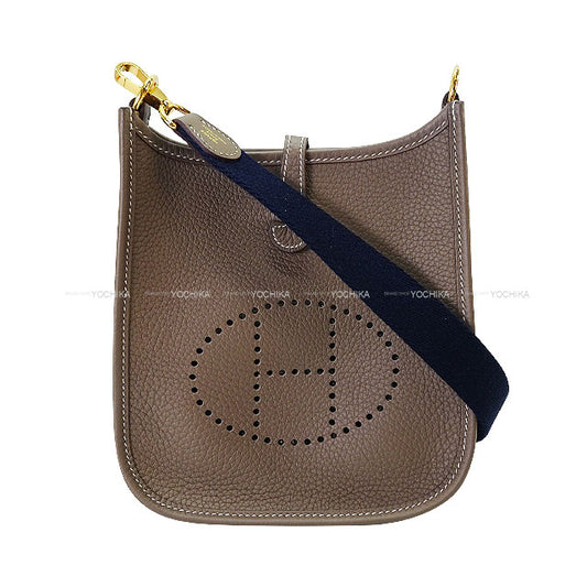 [Pre-loved] HERMES Shoulder bag Evelyne 16 TPM Etoupe/Blue Indigo Taurillon Clemence Gold HW Stamp B[LIKE NEW][Authentic]