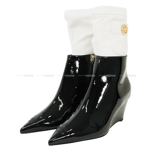 2022 Cruise Collection CHANEL boots Short Ankle Boots with COCO Mark and COCO Button, with Leggings Noir (Black) Patent Enamel Leather/Knit #38C Champagne Gold HW G38735[EXCELLENT][Authentic]