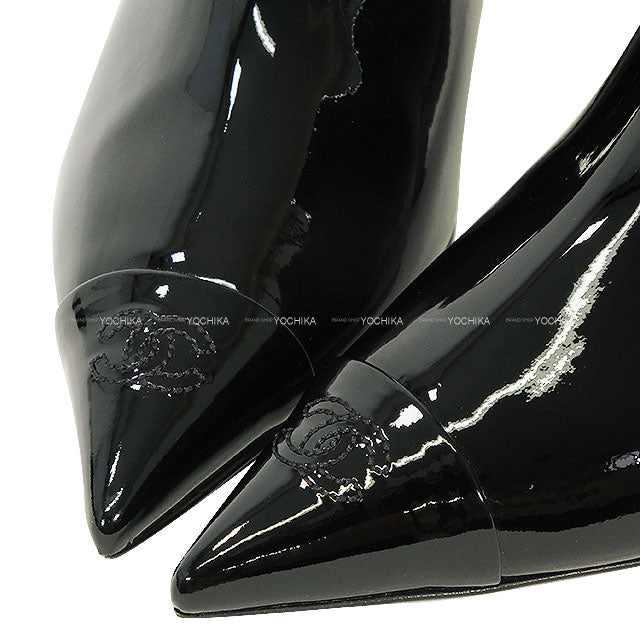 2022 Cruise Collection CHANEL boots Short Ankle Boots with COCO Mark and COCO Button, with Leggings Noir (Black) Patent Enamel Leather/Knit #38C Champagne Gold HW G38735[EXCELLENT][Authentic]