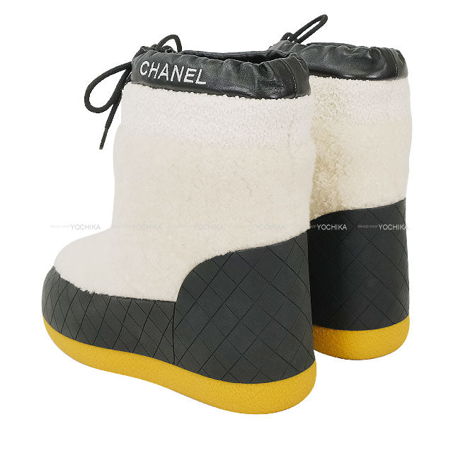 2023AW CHANEL boots Short Snow Matelasse Logo Boa Bicolor Blanc (White)/Noir (Black) Shearling Sheepskin/Lambskin #38 G45185[EXCELLENT][Authentic]