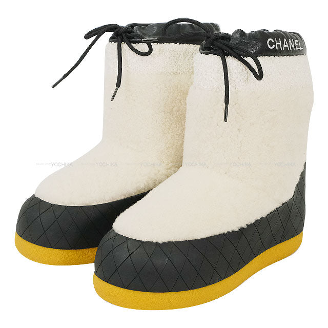 2023AW CHANEL boots Short Snow Matelasse Logo Boa Bicolor Blanc (White)/Noir (Black) Shearling Sheepskin/Lambskin #38 G45185[EXCELLENT][Authentic]