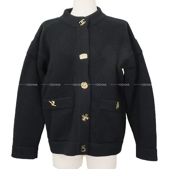 [Pre-loved] CHANEL Cardigan Knit Icon COCO Mark Button Noir (Black) Cashmere #34 P73554[LIKE NEW][Authentic]