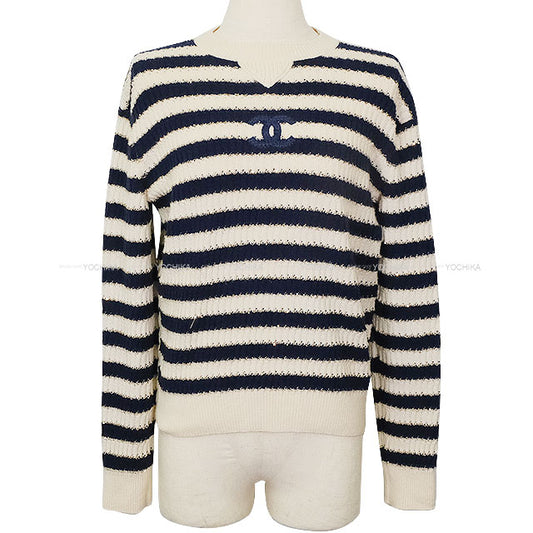 2021 Cruise Collection CHANEL Sweater Knit Border COCO Mark Sequin Ecru/Navy Cashmere/Polyester/Polyamide #36 P70336[EXCELLENT][Authentic]