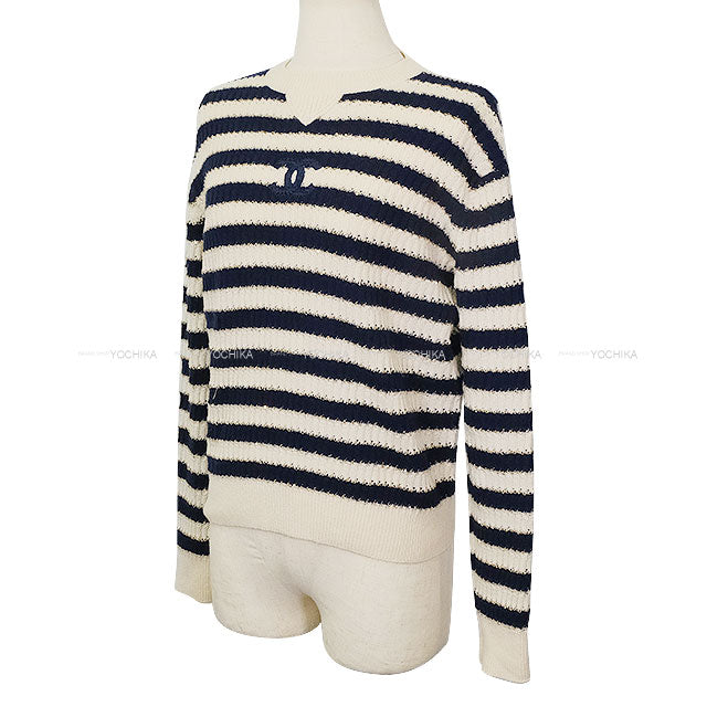 2021 Cruise Collection CHANEL Sweater Knit Border COCO Mark Sequin Ecru/Navy Cashmere/Polyester/Polyamide #36 P70336[EXCELLENT][Authentic]