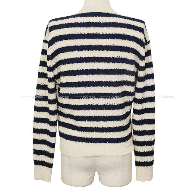 2021 Cruise Collection CHANEL Sweater Knit Border COCO Mark Sequin Ecru/Navy Cashmere/Polyester/Polyamide #36 P70336[EXCELLENT][Authentic]