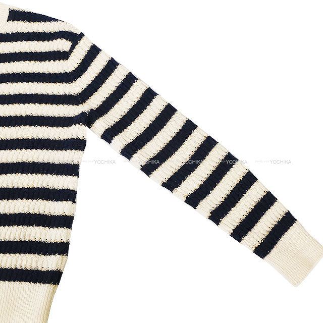 2021 Cruise Collection CHANEL Sweater Knit Border COCO Mark Sequin Ecru/Navy Cashmere/Polyester/Polyamide #36 P70336[EXCELLENT][Authentic]
