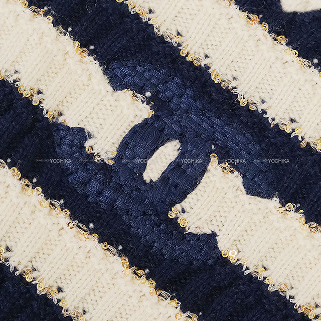 2021 Cruise Collection CHANEL Sweater Knit Border COCO Mark Sequin Ecru/Navy Cashmere/Polyester/Polyamide #36 P70336[EXCELLENT][Authentic]