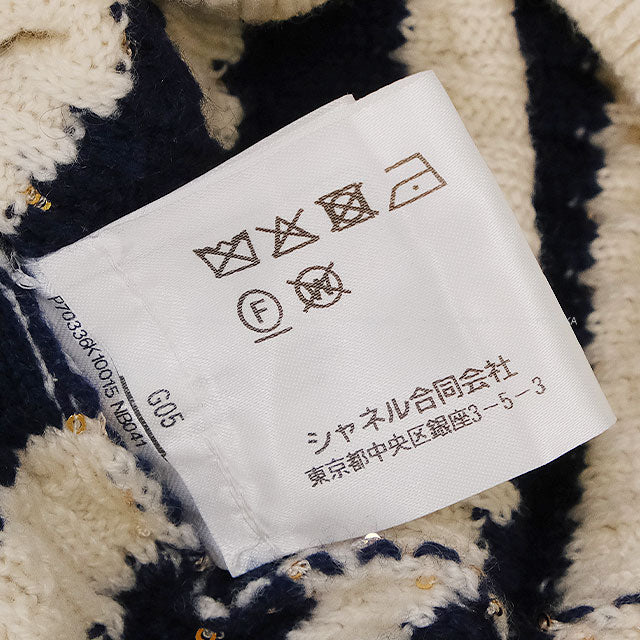2021 Cruise Collection CHANEL Sweater Knit Border COCO Mark Sequin Ecru/Navy Cashmere/Polyester/Polyamide #36 P70336[EXCELLENT][Authentic]