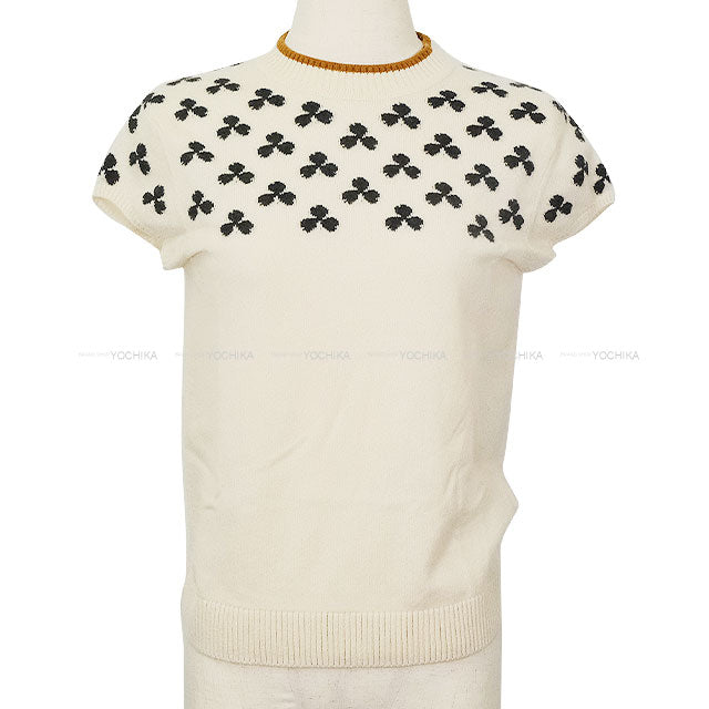 [Pre-loved] HERMES Knit Short-Sleeved Knit Kroeber Ivory/Black/Brown Cashmere100% #34[LIKE NEW][Authentic]
