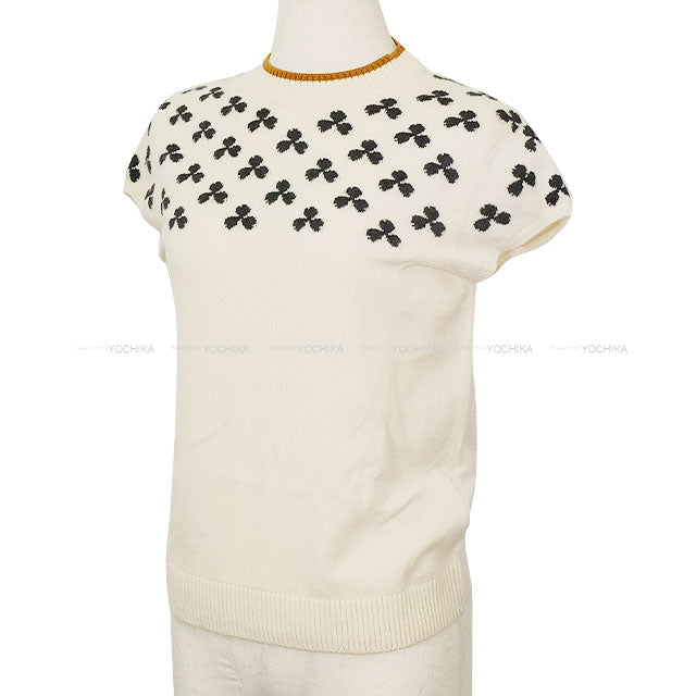 [Pre-loved] HERMES Knit Short-Sleeved Knit Kroeber Ivory/Black/Brown Cashmere100% #34[LIKE NEW][Authentic]
