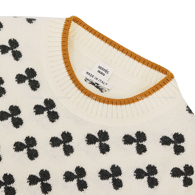[Pre-loved] HERMES Knit Short-Sleeved Knit Kroeber Ivory/Black/Brown Cashmere100% #34[LIKE NEW][Authentic]