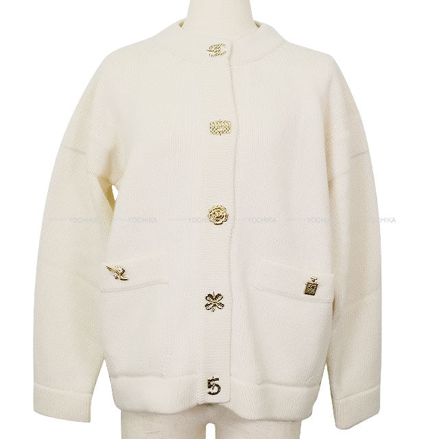 2022AW CHANEL Cardigan Knit Icon COCO Mark Button Ivory Cashmere #34 Gold HW P73554[EXCELLENT][Authentic]