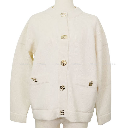 2022AW CHANEL Cardigan Knit Icon COCO Mark Button Ivory Cashmere #34 Gold HW P73554[EXCELLENT][Authentic]