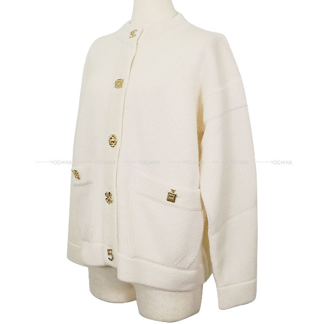 2022AW CHANEL Cardigan Knit Icon COCO Mark Button Ivory Cashmere #34 Gold HW P73554[EXCELLENT][Authentic]