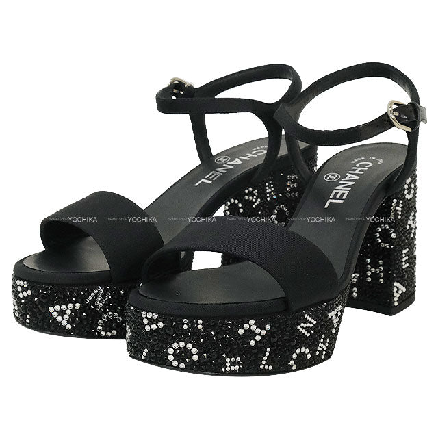 2024 Cruise Collection CHANEL sandals Rhinestone Logo Platform Strap Noir (Black)/Silver Grosgrain/Strass #37.5C G45365[BRAND NEW][Authentic]