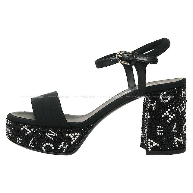 2024 Cruise Collection CHANEL sandals Rhinestone Logo Platform Strap Noir (Black)/Silver Grosgrain/Strass #37.5C G45365[BRAND NEW][Authentic]
