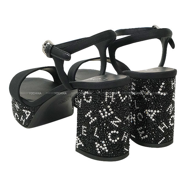 2024 Cruise Collection CHANEL sandals Rhinestone Logo Platform Strap Noir (Black)/Silver Grosgrain/Strass #37.5C G45365[BRAND NEW][Authentic]