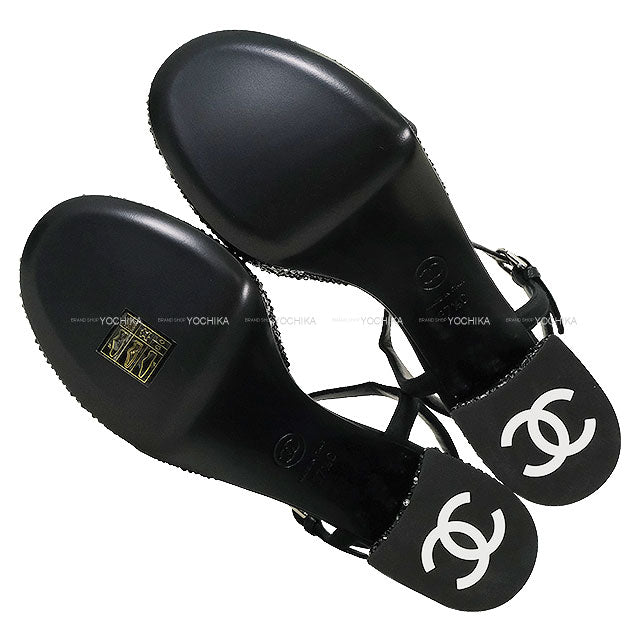2024 Cruise Collection CHANEL sandals Rhinestone Logo Platform Strap Noir (Black)/Silver Grosgrain/Strass #37.5C G45365[BRAND NEW][Authentic]