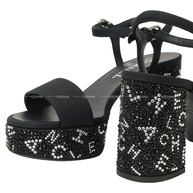 2024 Cruise Collection CHANEL sandals Rhinestone Logo Platform Strap Noir (Black)/Silver Grosgrain/Strass #37.5C G45365[BRAND NEW][Authentic]