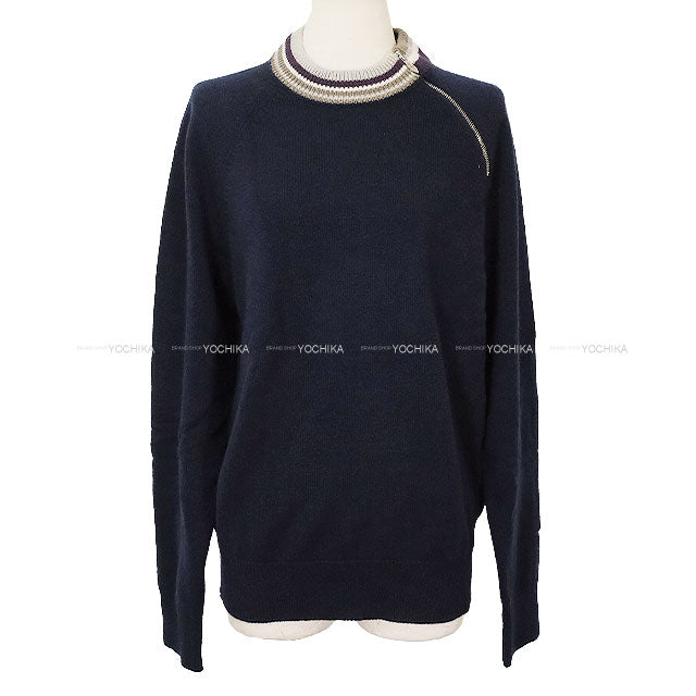 HERMES Sweater Long-Sleeve Knit Sweater with Zipper Navy Cashmere #M Silver HW H467255HA[EXCELLENT][Authentic]