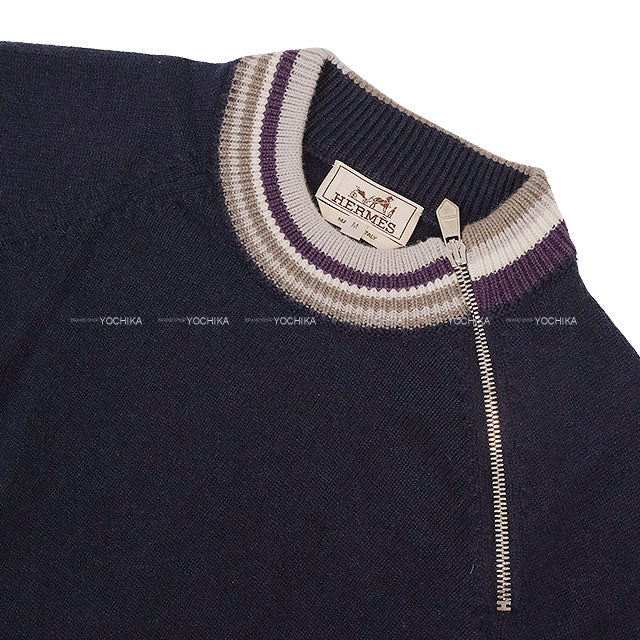 HERMES Sweater Long-Sleeve Knit Sweater with Zipper Navy Cashmere #M Silver HW H467255HA[EXCELLENT][Authentic]
