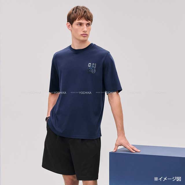 2025 SS HERMES Short sleeve t shirt Men’s H-Puzzle Navy Cotton #S H557930HA[EXCELLENT][Authentic]